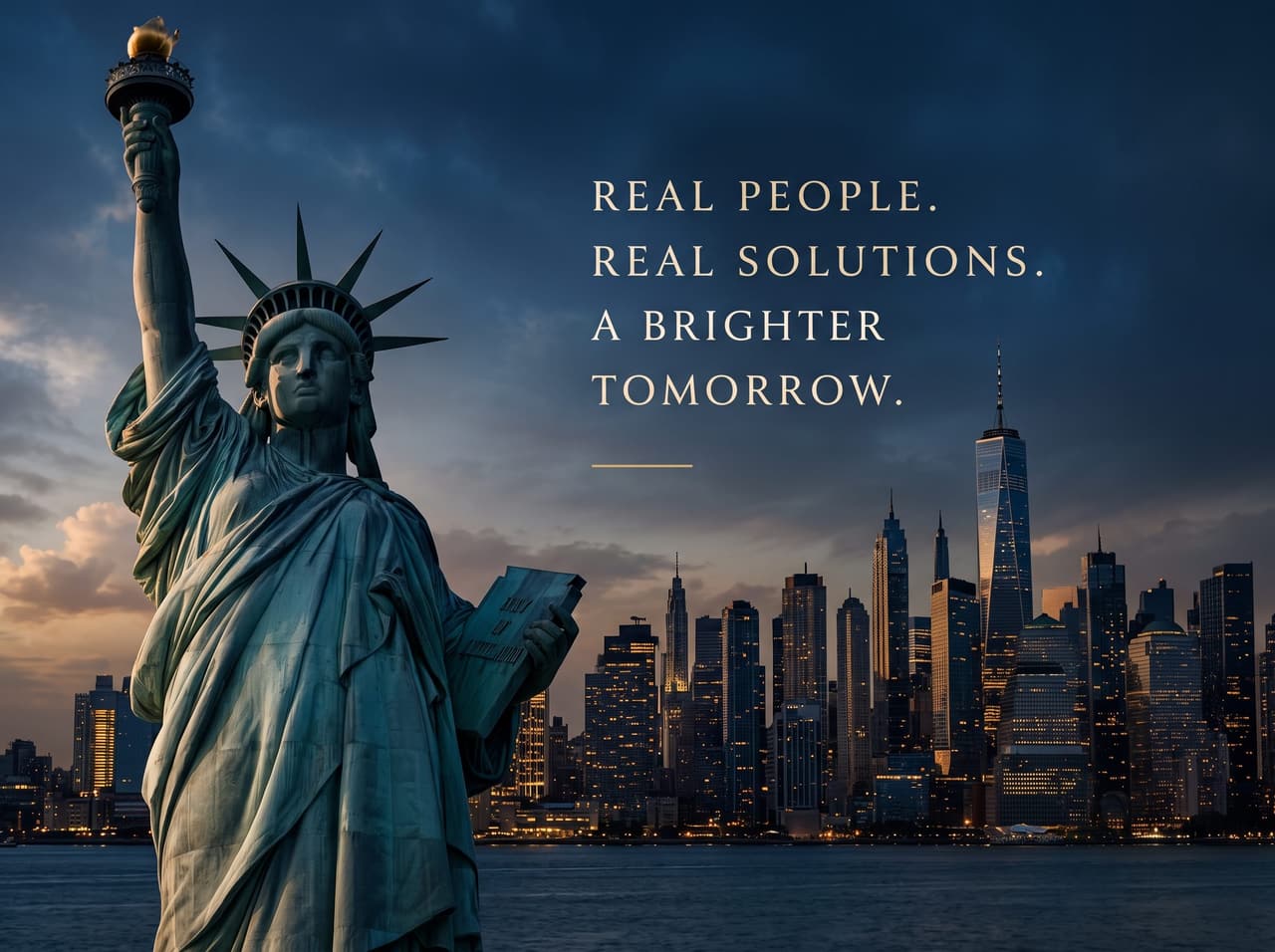 Statue of Liberty against the New York City skyline at dusk, reading Real People, Real Solutions, A Brighter Tomorrow